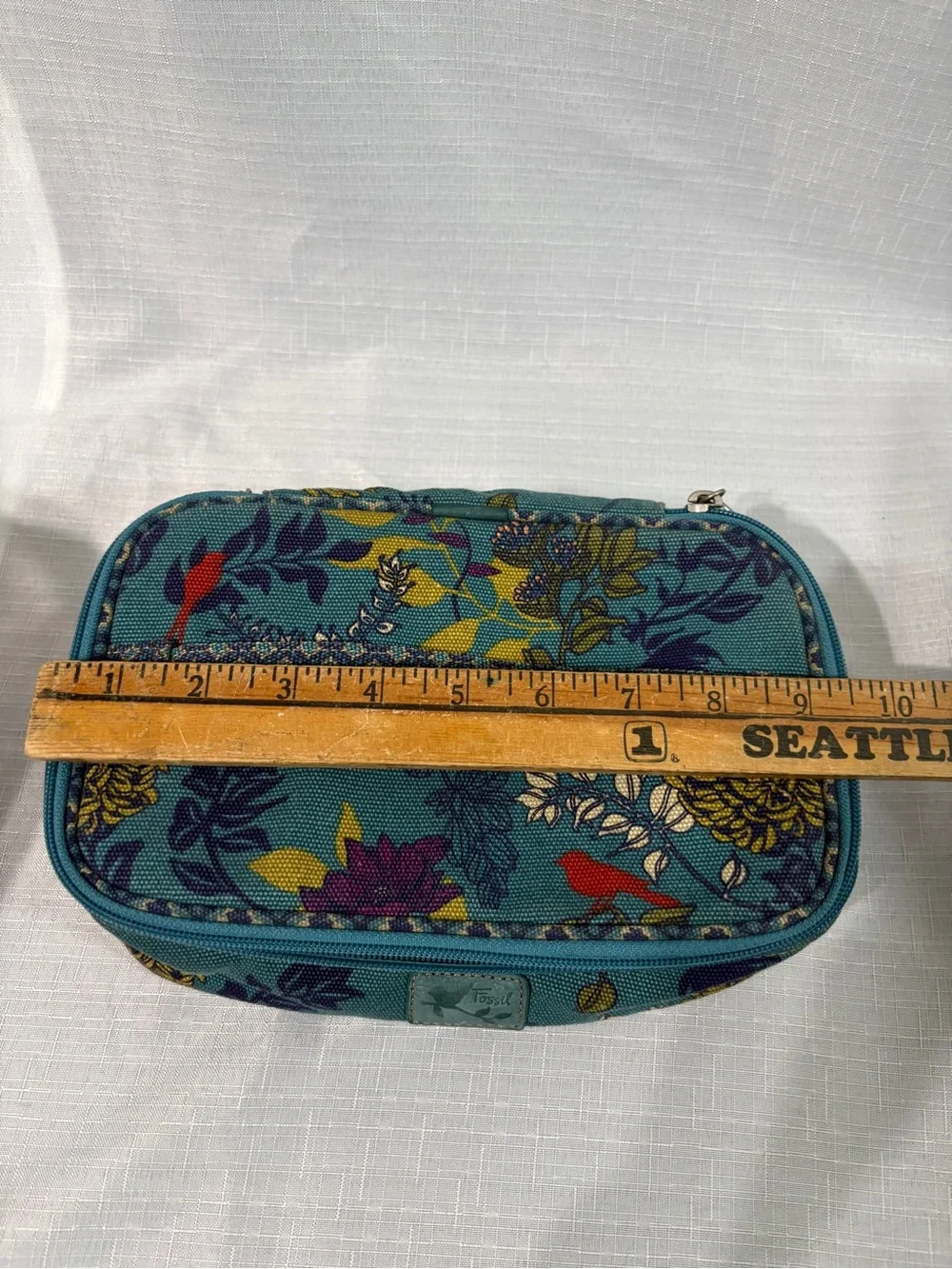 Fossil Teal Floral Zip Cosmetic Case